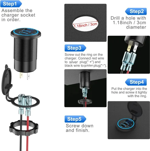Vista 5 de Toma USB de 12V Cable Cargador USB Multipuerto, Dual PD3.0 USB-C y Carga Rápida 3.0 Puerto de Coche con Interruptor de Encendido, Carga Rápida