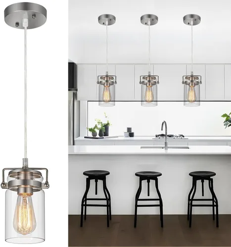 Vista 13 de Iluminación colgante para isla de cocina, lámpara colgante de cristal moderna lineal para comedor, 1 luz, lámpara colgante industrial para techo