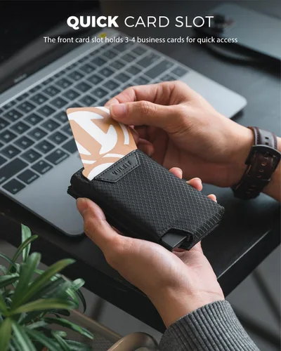 Vista 2 de VULKIT Tarjetero desplegable plegable con compartimento para dinero, estuche para tarjetas de visita minimalista con bolsillo frontal, Negro