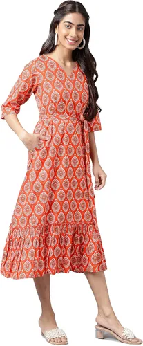 Vista 6 de Janasya Vestido con volantes estampado de motivos étnicos de algodón naranja para mujer india