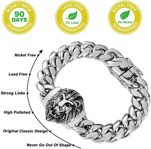 Vista 14 de Cadena de eslabones cubanos para hombre, gargantilla de león, collar de plata Hip Hop de 18 pulgadas, 20 pulgadas y pulsera de 8.5 pulgadas, juego