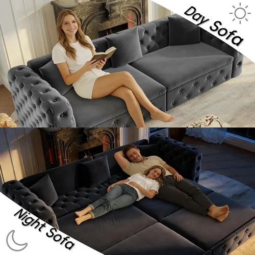 Vista 6 de Polibi Sofá cama extraíble extragrande de 89 pulgadas, sofá cama multifuncional 3 en 1 de 4 plazas con 3 almohadas, sofá clásico copetudo de Gris