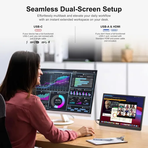 Vista 3 de Anyuse Monitor portátil FHD 1920 × 1200 de 14 pulgadas – USB-C HDMI ultrafina IPS pantalla de viaje con altavoces, HDR Plug & Play, brillo de 400