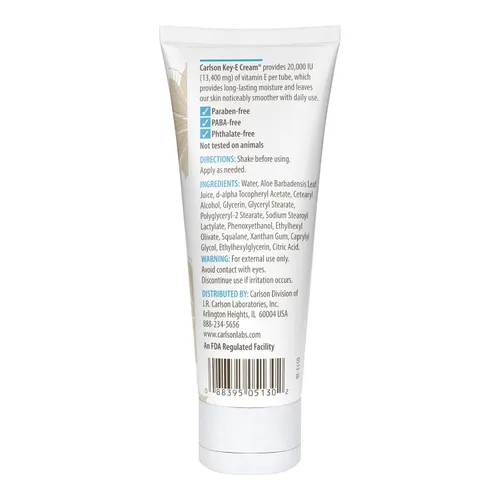 Vista 2 de Carlson - Key-E Crema para manos y cuerpo, vitamina E y aloe orgánico, 20000 UI de vitamina E, sin fragancia, 4 oz