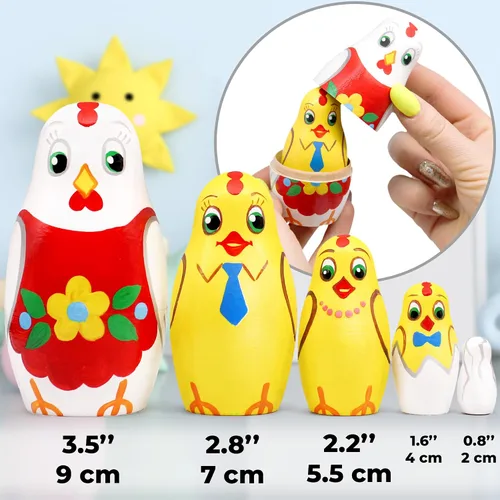 Vista 3 de AEVVV Juego de 5 muñecas de anidación de pollo - Decoración de cocina de pollo - Muñecas apilables de madera - Muñeca Matryoshka pintada a mano rusa