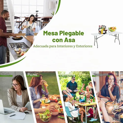 Vista 6 de Mesa plegable de 6 pies de plástico portátil para exteriores, mesa de camping multiusos rectangular plegable con asa, candado para picnic, fiesta