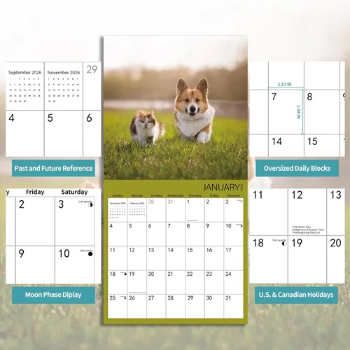 Vista 3 de Calendario de pared 2026, calendario 2026, calendario mensual de pared de amistad con animales, 12 x 24 pulgadas abierto, calendario planificador