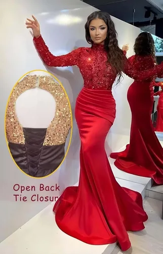 Vista 3 de Vestidos de fiesta de noche con lentejuelas brillantes y cuello alto para mujer, de satén, manga larga, vestidos de fiesta de noche