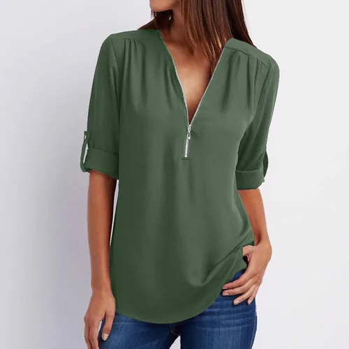Vista 2 de Blusas de manga corta para mujer, con cuello en V, cuello en V, de gasa, estilo casual, unicolor, holgadas