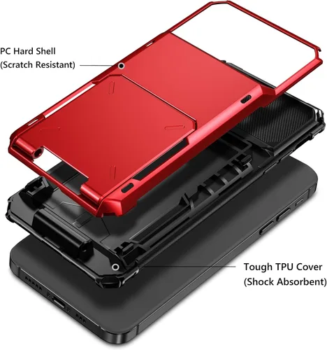 Vista 3 de Vofolen Funda para iPhone 15 Pro con tarjetero y 4 tarjetas de doble capa resistente a prueba de golpes, ranura oculta para tarjetas protectora Rojo