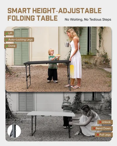 Vista 3 de FanttikOutdoor Folding Table 4 Foot Quick Adjust Portable Plastic 4 Heights Negro