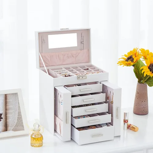 Vista 2 de ANWBROAD Caja organizadora de joyas Caja de joyería para mujer con cerradura de 6 niveles Caja de almacenamiento de joyería blanca para aretes