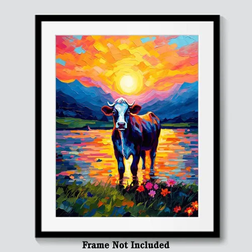 Vista 6 de Bestbuddy Pet 8 x 10 sin marco noche estrellada Van Gogh inspirado vaca lechera junto al lago Flores Granja Animal Leche Vaca Ganado Familia Pintura