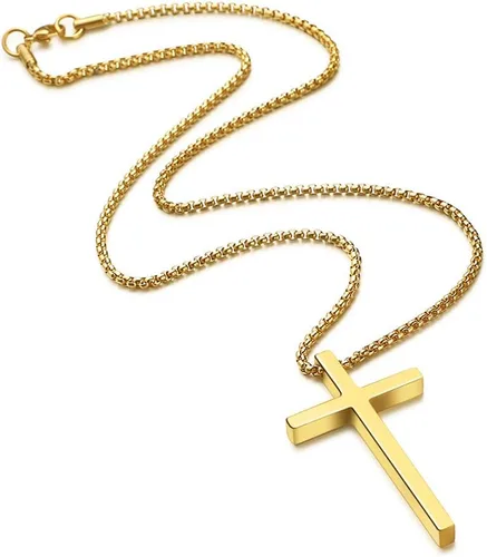 Vista 4 de Ursteel - Collar con dije de cruz de acero inoxidable para hombre, cadena de eslabones cuadrados de 16 a 30 pulgadas, color plateado, negro, dorado