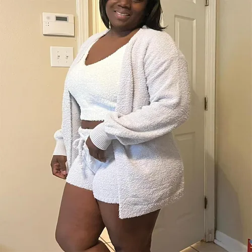 Vista 8 de KDGENG Shecozy 3 Piece Pajama Set - Womens Sexy Fuzzy Cozy Knit Hooded Cardigan Outfits Crop Top Shorts Loungewear