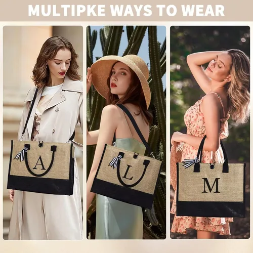 Vista 4 de YOOLIFE Bolsa de yute con inicial con bolsa de maquillaje, bolsa de playa con cremallera ajustable para el día de la madre, regalos de cumpleaños