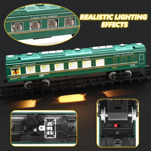 Vista 2 de Juego de tren para niños, tren de locomotora de vapor con coche de carbón, vagón de pasajeros, coche de carga y pistas largas, kits de tren