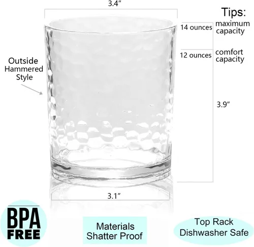 Vista 2 de KX-WARE Vasos acrílicos de plástico de 14 onzas, juego de 6 unidades, transparentes, estilo martillado, apto para lavavajillas, sin BPA