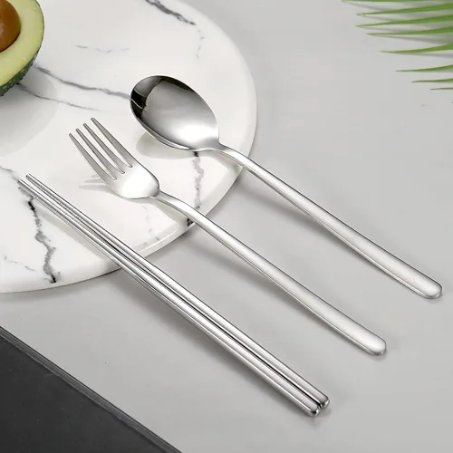 Vista 6 de Xihuimay Juego de 3 palillos de acero inoxidable, tenedor, cuchara con estuche de viaje, juego de cubiertos portátiles de metal, utensilios chinos