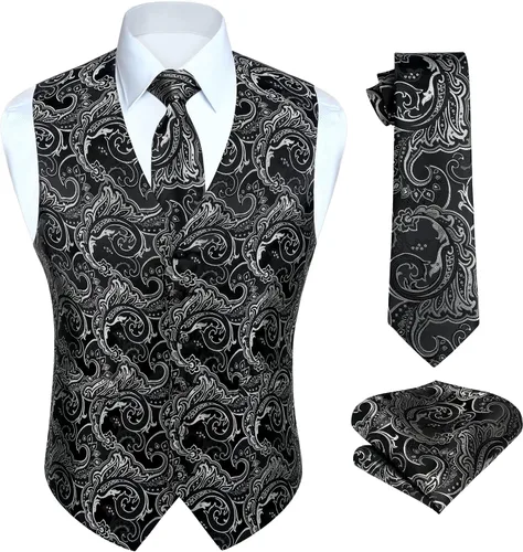 Vista 19 de HISDERN Conjunto de 3 piezas de chaleco formal para hombre, chaleco formal de cachemira floral jacquard corbata bolsillo cuadrado chalecos