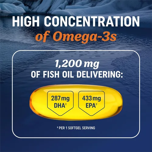 Vista 2 de Aceite de pescado Omega 3 Triple Strength 1200 mg EPA y DHA Ácidos grasos omega-3 capturados en la naturaleza y de origen sostenible