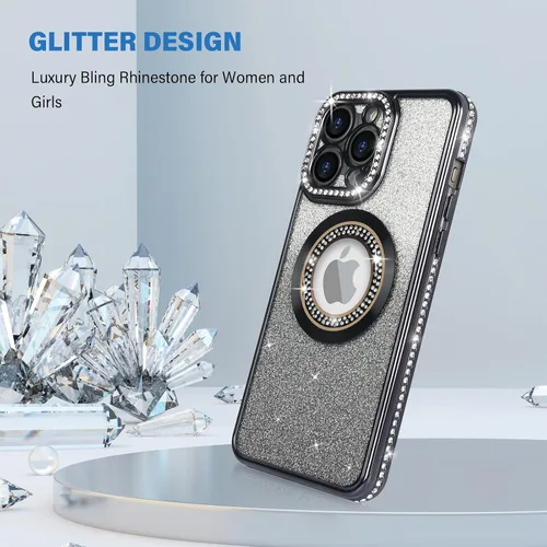 Vista 3 de Losin Funda magnética compatible con iPhone 15 Pro Max con purpurina compatible con MagSafe Funda de lujo con diamantes de imitación con logotipo