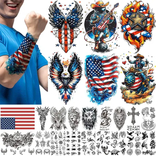 Vista 11 de Aresvns Tatuajes temporales del Día de la Independencia, tatuaje de manga de bandera de Estados Unidos del 4 de julio, suministros de fiesta rojo