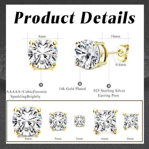 Vista 3 de Aretes de tuerca de circonia cúbica Dochais para hombre y mujer, de plata de ley 925, con poste, elegantes, hipoalergénicos, chapados en oro de 14k