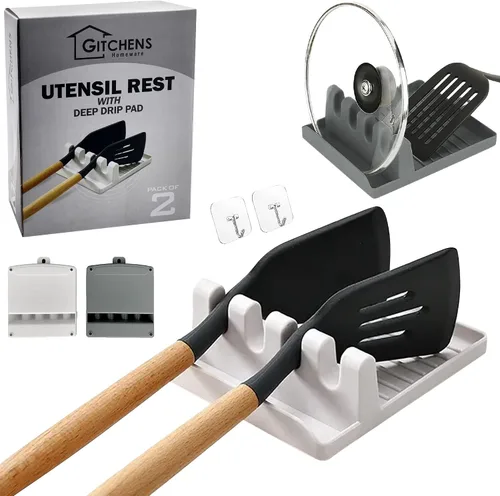 Vista 8 de Soporte para utensilios y cucharas de alta calidad con almohadilla de goteo profunda y soporte para tapa de olla, utensilios con cucharas, soporte