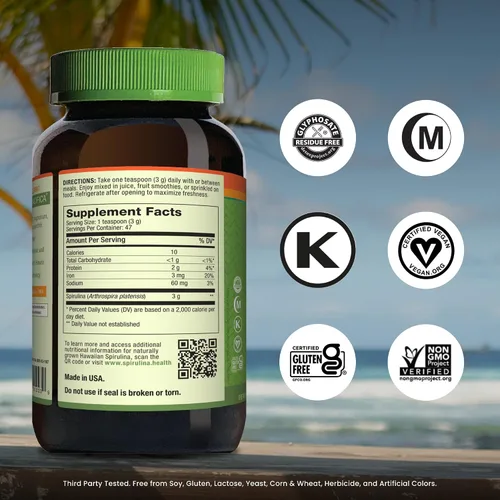 Vista 2 de Nutrex Hawaii Polvo de espirulina hawaiana pura – Superalimento vegano, cultivado en granja en Kona, sin OGM, apoyo inmunológico y energía celular
