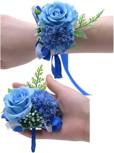Vista 2 de Rikyo Juego de 2 ramilletes de muñeca de flores de rosas y flores de seda para novia y novio, decoración de pasteles y fiestas (verde negruzco)