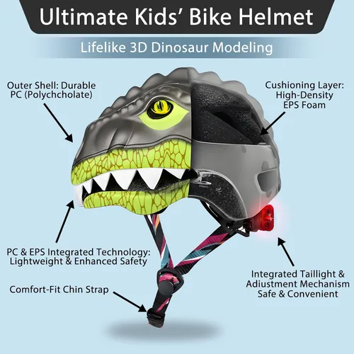 Vista 3 de KINGBIKE Casco para niños pequeños para niños y niñas de 2 a 8 años, casco de bicicleta para niños, cascos ligeros de dinosaurio con luz LED