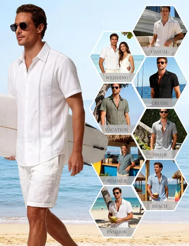Vista 5 de JEMITOP Camisa de guayabera cubana para hombre, casual, con botones, manga corta, para verano, crucero, playa, vacaciones