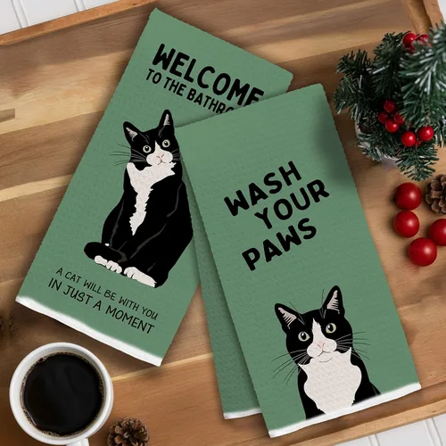 Vista 4 de Juego de 2 toallas de mano de baño con esmoquin verde retro, decoración de baño de gato, toallas de mano de gatito blanco y negro para baño, 16 x 24