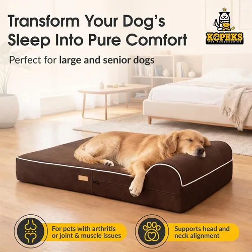 Vista 2 de KOPEKS Cama ortopédica de espuma viscoelástica para perros de 7 pulgadas de grosor, cama extragrande para perros con almohada, color marrón, 50 x 34