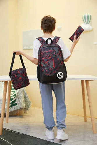 Vista 3 de Mochilas escolares para niños y niñas, juego de mochila para adolescentes, bolsa de hombro y estuche para lápices, B246 Rojo, talla única , Mochilas