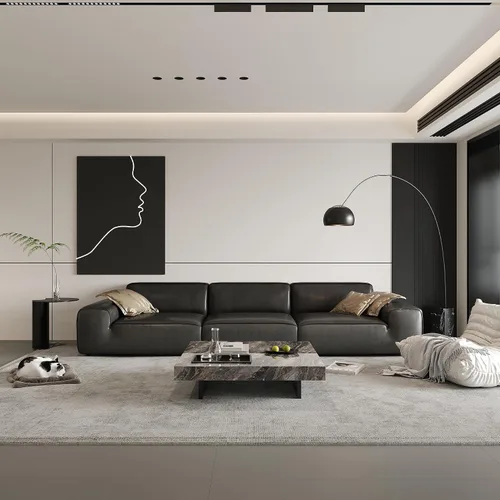 Vista 6 de Mesa de centro cuadrada de 43.3 pulgadas para sala de estar, moderna mesa de centro de piedra sinterizada gris con base de acero al carbono negro