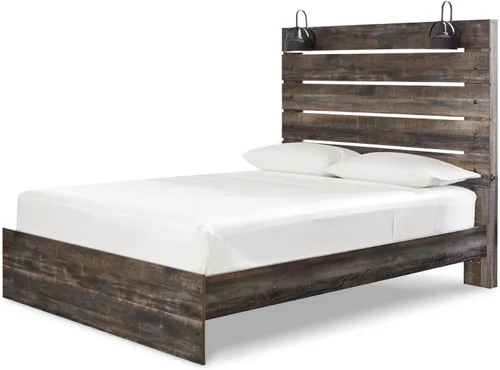 Vista 20 de Signature Design by Ashley Drystan - Cama de plataforma con panel rústica tamaño Queen con 2 cajones de almacenamiento, cubículos abiertos, luces