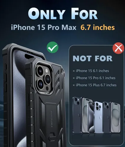 Vista 2 de FNTCASE Funda para iPhone 15-Pro-Max: Cubierta protectora resistente de grado militar a prueba de caídas para teléfono celular con soporte y Negro