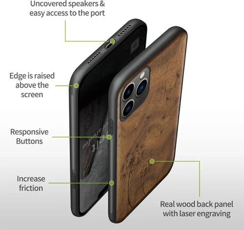 Vista 9 de Carveit Funda de madera para iPhone 11 Pro Max [madera natural y TPU suave negro] a prueba de golpes, protector de teléfono de madera único Nuez-11