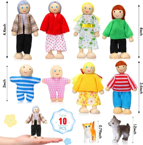 Vista 2 de Skylety 10 piezas de set de casa de muñecas de madera con figuras de mini personas, muñecas para casa de muñecas, figuras de madera para jugar