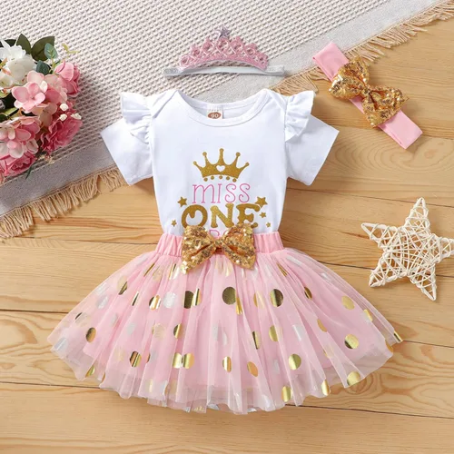 Vista 4 de Conjunto de mameluco de algodón para el primer cumpleaños para niñas con lentejuelas y lazo para la cabeza, 3 piezas