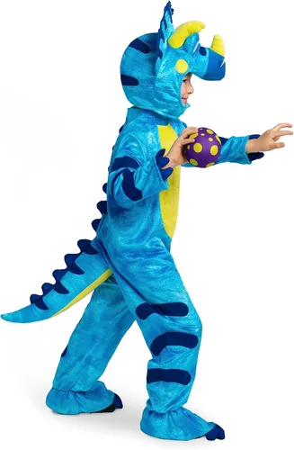 Vista 3 de Spooktacular Creations Disfraz de triceratops para niños, disfraz de dinosaurio azul con huevo de felpa para niños, bebé, niño pequeño, mono