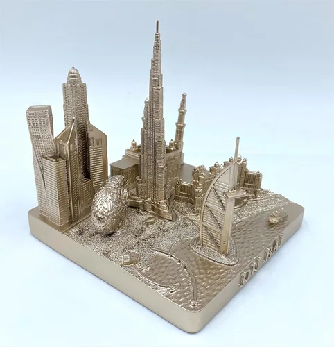 Vista 2 de Dubai 3D City Famoso Modelo de Edificio Estatua Decoración de Recuerdo para Oficina en Casa 4" (Dorado)