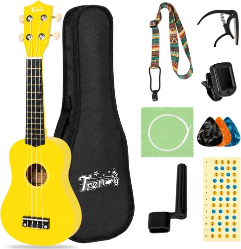 Vista 8 de Trendy Ukelele soprano de 21 pulgadas negro kit para principiantes bolsa de transporte afinador correa de cuerda cuadrada diapasón pegatinas ukelele
