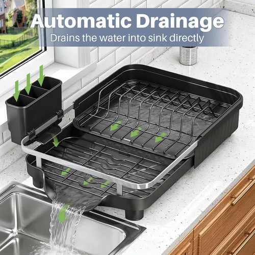 Vista 6 de [Usado] Kmiectse Escurridor de platos – Escurridor extensible para encimera de cocina, escurridor de platos de acero inoxidable con soporte
