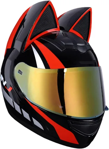 Vista 9 de Casco de locomotora con orejas de gato con certificación DOT, cómodo casco modular de cara completa para motocicleta, casco personalizado para Negro
