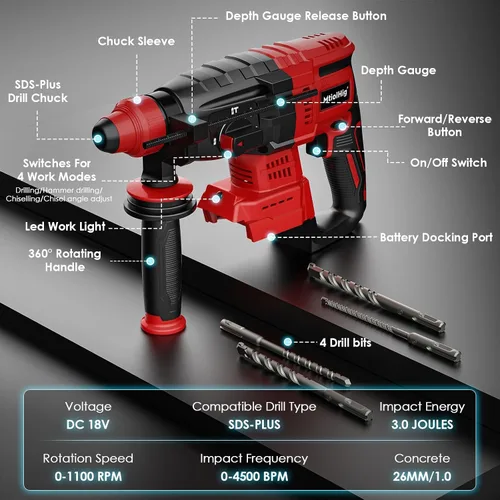 Vista 2 de MtiolHig Taladro de martillo giratorio inalámbrico compatible con batería Milwaukee de 18 V, taladro de martillo SDS-Plus sin escobillas