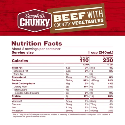 Vista 2 de Sopa Chunky de Campbell’s, sopa de vacuno con verduras del campo, lata de 18.8 Oz