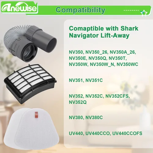 Vista 2 de Anewise Repuesto de filtro de manguera de vacío para Shark Navigator Lift-Away Deluxe Vacuum NV352 NV350 NV351 NV380 UV440, 1 manguera de boquilla +